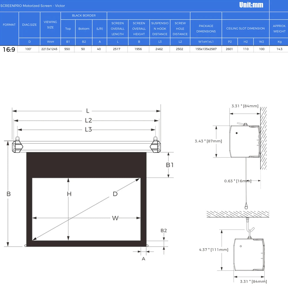 100 Inch Remote Controlled Retractable Projection Screen (16:9)